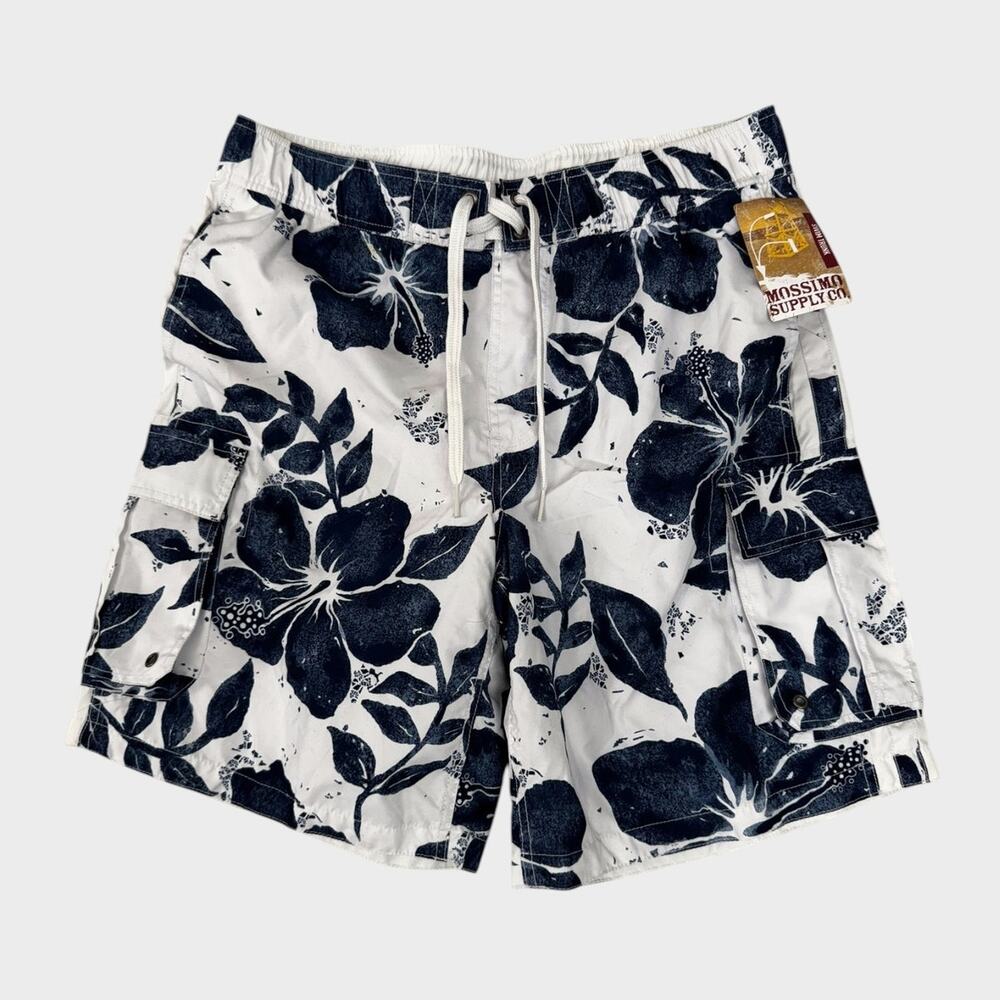 Mossimo Supply Co Mens Large Mesh Line Swim Trunks White Navy Floral NEW